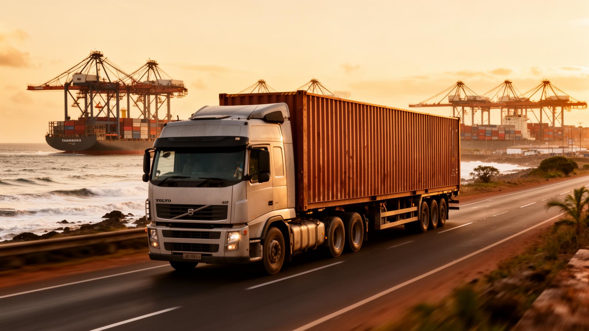 Camion porte-conteneur B. Logistique transportant un conteneur 40 pieds sur la RN2 entre le port de Toamasina et Antananarivo, Madagascar